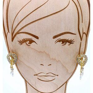 Crystal Earrings with Chain and Pearl Teardrop Dangles, Gold Tone Clip Ons